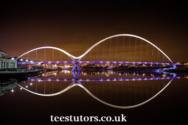 Image showing the River Tees spanned by the Infinity Bridge with the teesturors website address below on a page for the service area internal links section of Maths.TeesTutors